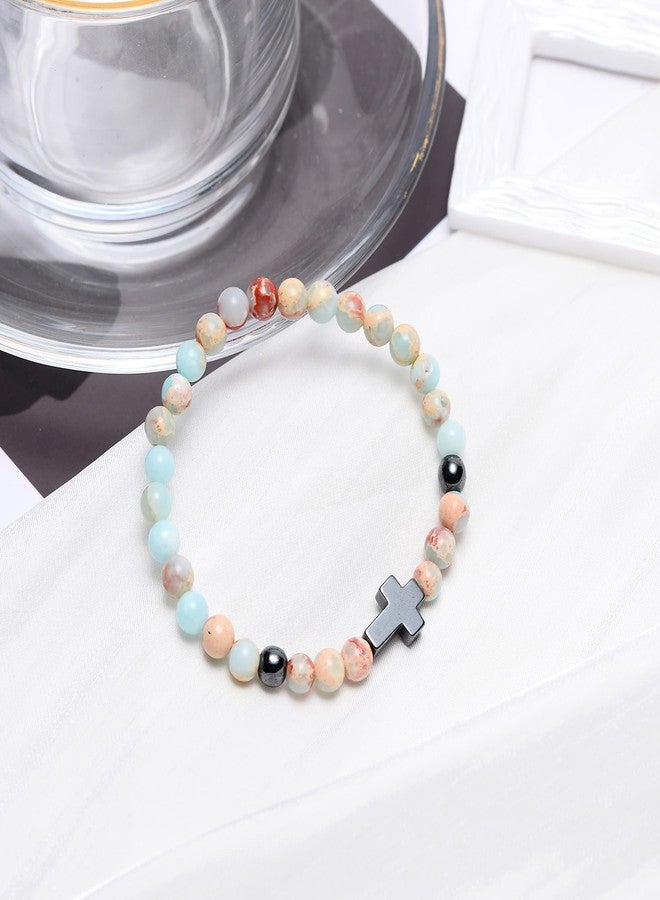 Softones 6mm Cross Beaded Bracelet for Women Natural Stone Stretch Link Prayer Bracelet for Women,7.1" - Image 4