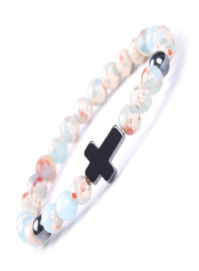 Softones 6mm Cross Beaded Bracelet for Women Natural Stone Stretch Link Prayer Bracelet for Women,7.1" - Image 5