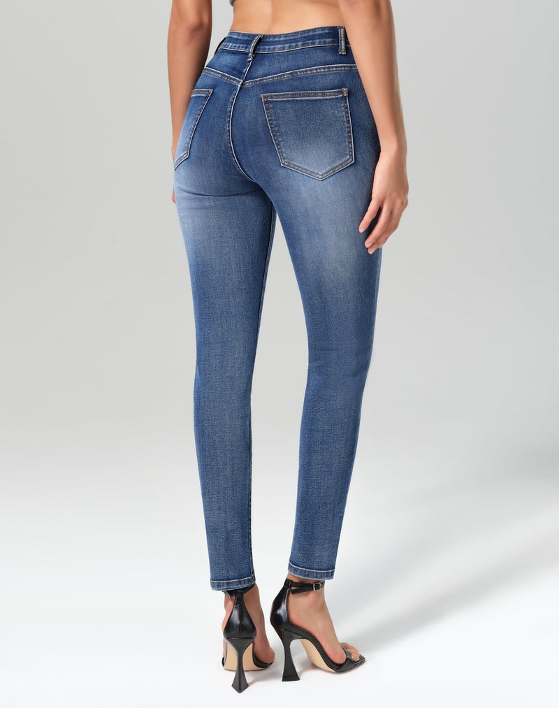 roswear Skinny Jeans for Women High Waisted Stretchy Front Seam Vintage Denim Pants Washed Blue X-Large - Image 4
