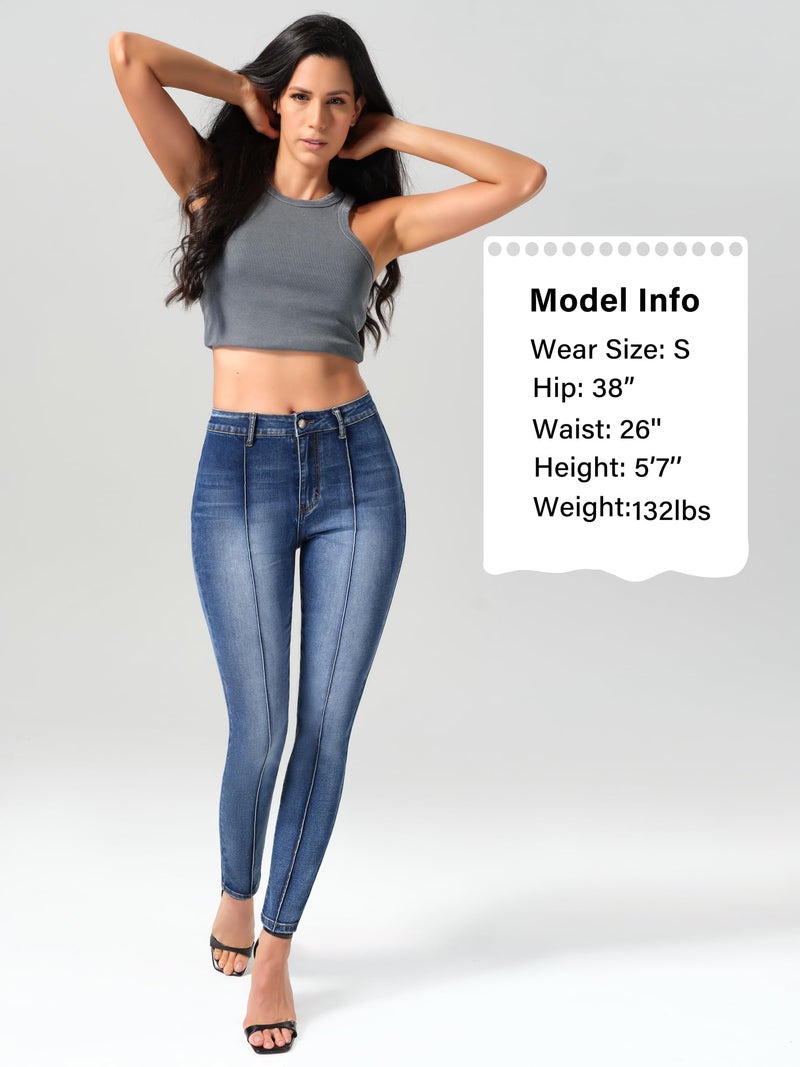 roswear Skinny Jeans for Women High Waisted Stretchy Front Seam Vintage Denim Pants Washed Blue X-Large - Image 5