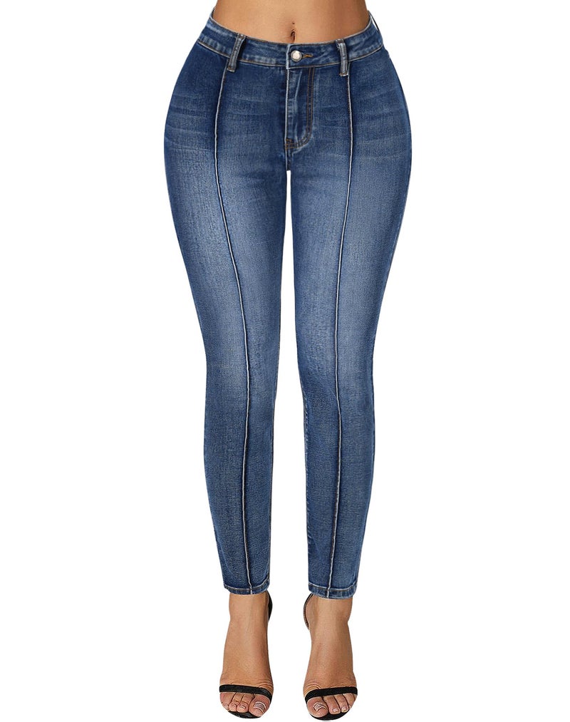 roswear Skinny Jeans for Women High Waisted Stretchy Front Seam Vintage Denim Pants Washed Blue X-Large - Image 1
