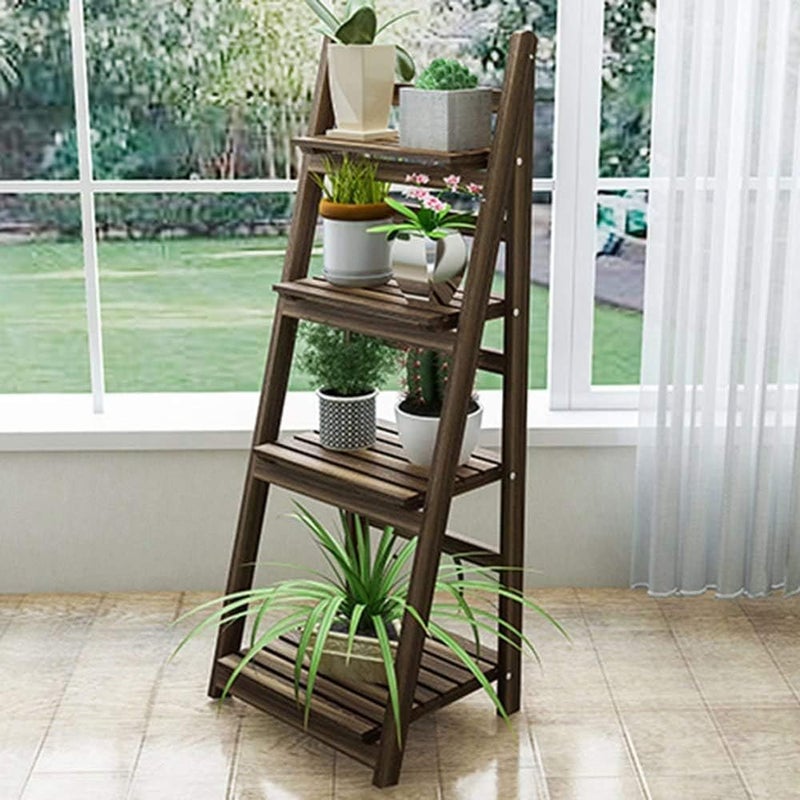 LINGWEI Woodeen Foldable Ladder Shelf,Plant Stand,Indoor Flower Pot Stand,Folding A Framde Display Shelf,Free Standing, Patio Wood Stand with Shelves,Wooden Stand Outdoor Pot Rack - Image 3