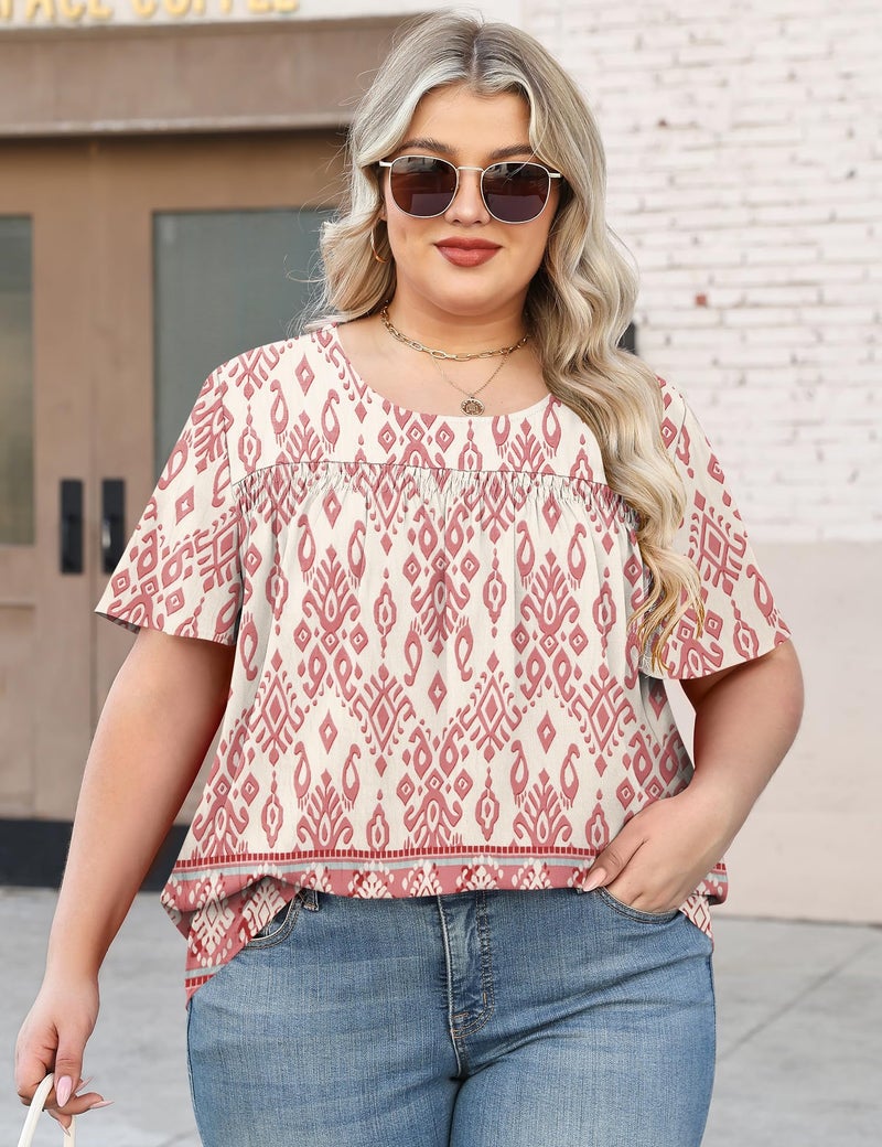 Micoson Womens Plus Size Boho Tops Short Sleeve Chiffon Boho Blouses Crewneck Shirts Peasent Printed Tunics,Pink Bohemia 2XL - Image 4