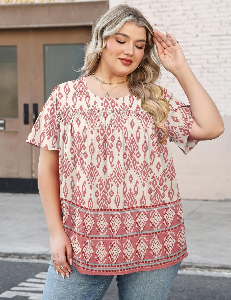 Micoson Womens Plus Size Boho Tops Short Sleeve Chiffon Boho Blouses Crewneck Shirts Peasent Printed Tunics,Pink Bohemia 2XL - Image 5