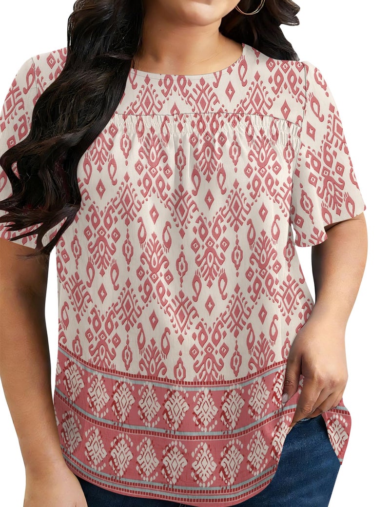 Micoson Womens Plus Size Boho Tops Short Sleeve Chiffon Boho Blouses Crewneck Shirts Peasent Printed Tunics,Pink Bohemia 2XL - Image 1