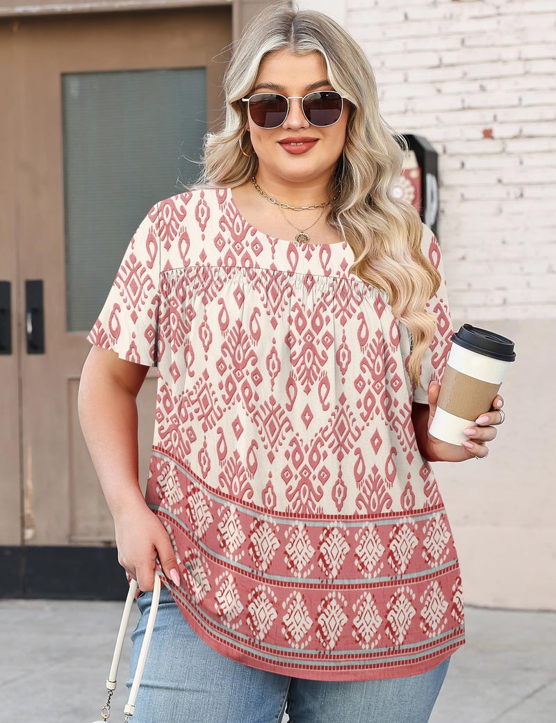 Micoson Womens Plus Size Boho Tops Short Sleeve Chiffon Boho Blouses Crewneck Shirts Peasent Printed Tunics,Pink Bohemia 2XL - Image 3