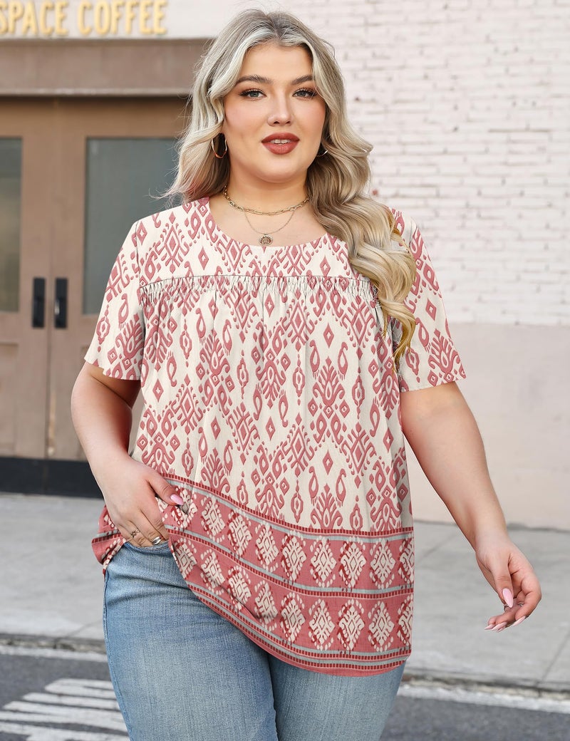 Micoson Womens Plus Size Boho Tops Short Sleeve Chiffon Boho Blouses Crewneck Shirts Peasent Printed Tunics,Pink Bohemia 2XL - Image 2