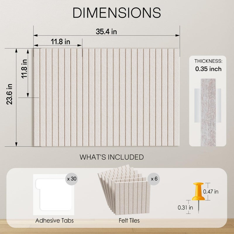 MaxGear Large Cork Boards for Walls 36" x 24", Light Tan Felt Bulletin Board Tiles for Office Decor, 6 Pack Felt Wall Tiles with Slat Paneling, Push Pin Board Home Wall Organizer - Image 4