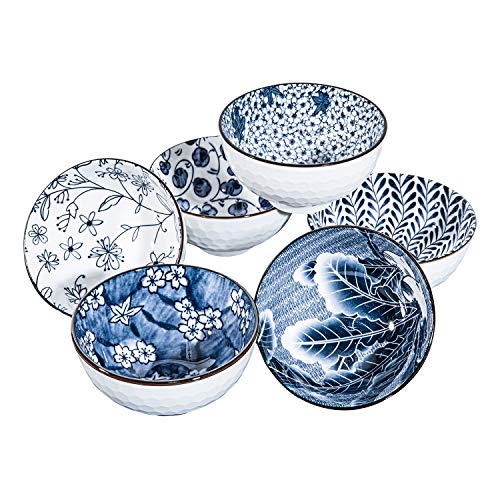 Swuut Japanese Style Ceramic Rice Bowls10 Ounces Small SaladSoupIce Cream Snack Bowl Set of 6Blue and White Microwave Safe 45 inch