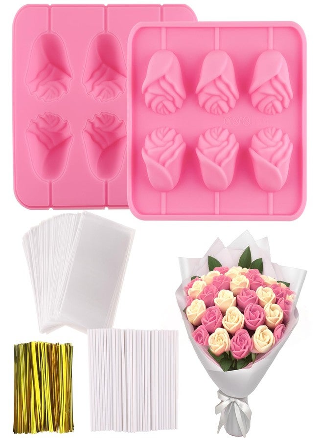 Lukinuo Rose Cake Pop Mold Kit 2 Pack Rose Lollipop Mold Flower Sucker Molds Flower Lollipop Baking Molds Tray with 300pcs Lollypop Sucker Sticks and Bags for Chocolate Jelly Hard Candy Cake Cupcake - Image 1