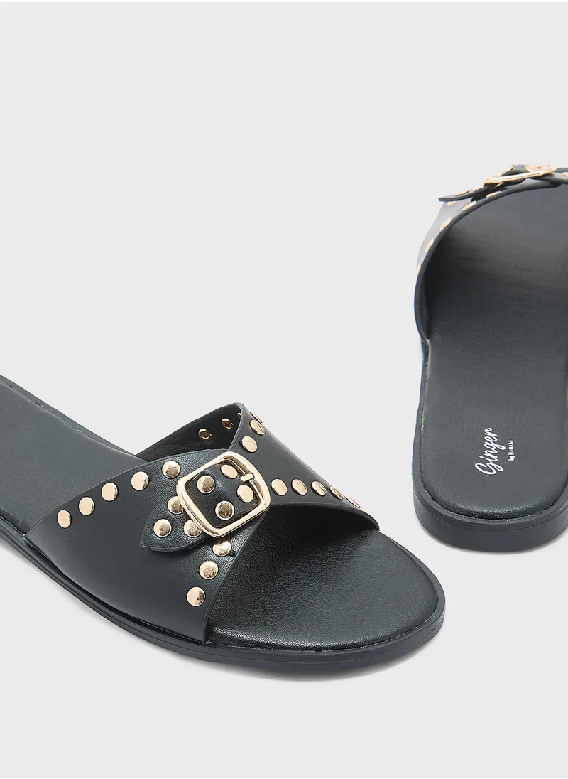 Ginger Chunky Buckle Studded Flat Sandal