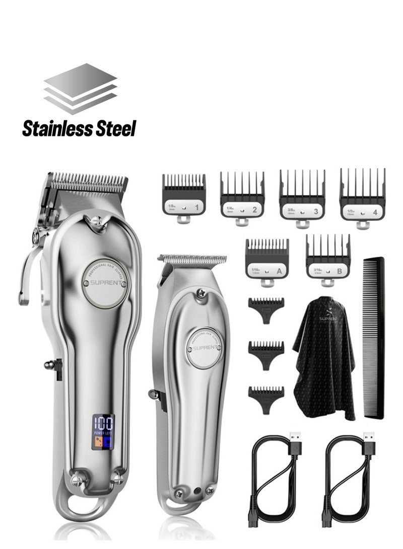SUPRENT ® PRO Professional Hair Clippers for Men- Hair Cutting Kit & Zero Gap T-Blade Trimmer Combo- Cordless Barber Clipper Set with LED Display for Mens Gifts (Silver) - Image 1