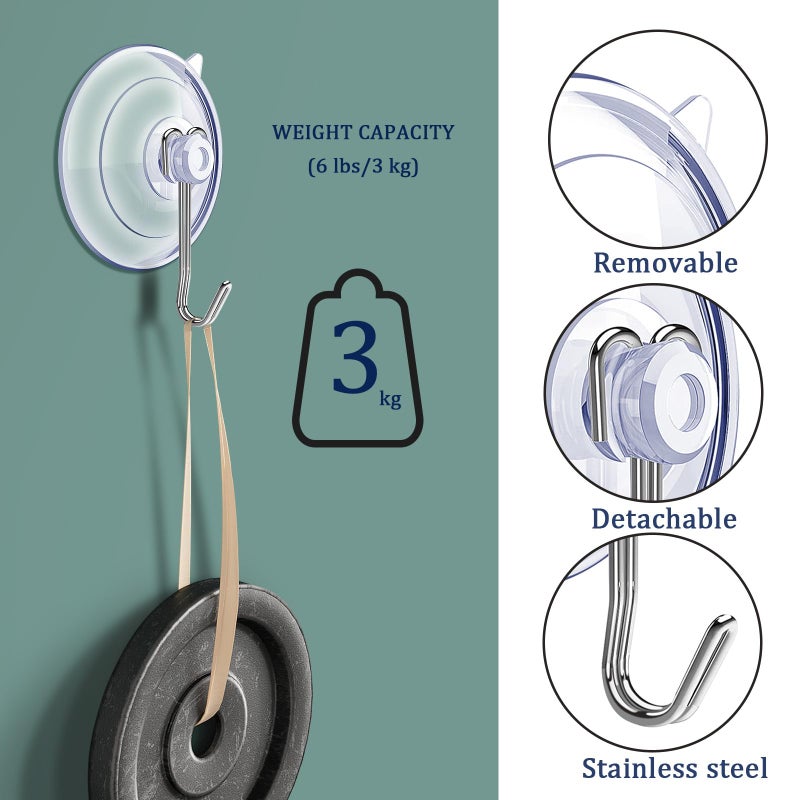 DSMY Suction Cup Hooks,6 PCS Clear Suction Cup for Glass Window Decor Shower Bathroom Glass Window Shower Kitchen, Reusable PVC Cups with Removable Stainless Hooks, Assorted (6) - Image 3
