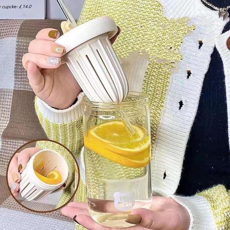 EXPORTTANZA 1Pcs Glass Tumbler with Fruit Infuser Lid and Straw Water Cup Portable Tea Water Separator Cup Straw Glass Bubble Milk Tea Cup Cold Brew Flower Water Cup Cherry BlossomPack of 1 - Image 4