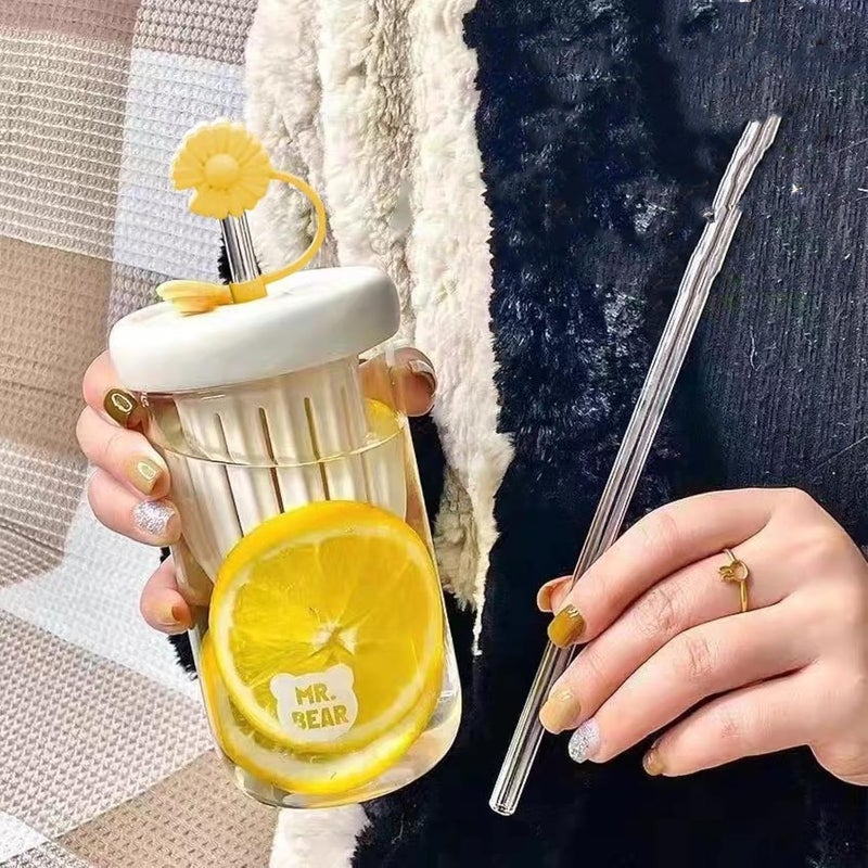 EXPORTTANZA 1Pcs Glass Tumbler with Fruit Infuser Lid and Straw Water Cup Portable Tea Water Separator Cup Straw Glass Bubble Milk Tea Cup Cold Brew Flower Water Cup Cherry BlossomPack of 1 - Image 5