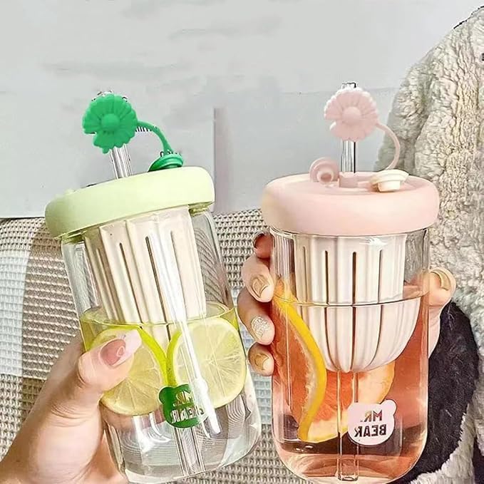 EXPORTTANZA 1Pcs Glass Tumbler with Fruit Infuser Lid and Straw Water Cup Portable Tea Water Separator Cup Straw Glass Bubble Milk Tea Cup Cold Brew Flower Water Cup Cherry BlossomPack of 1 - Image 3