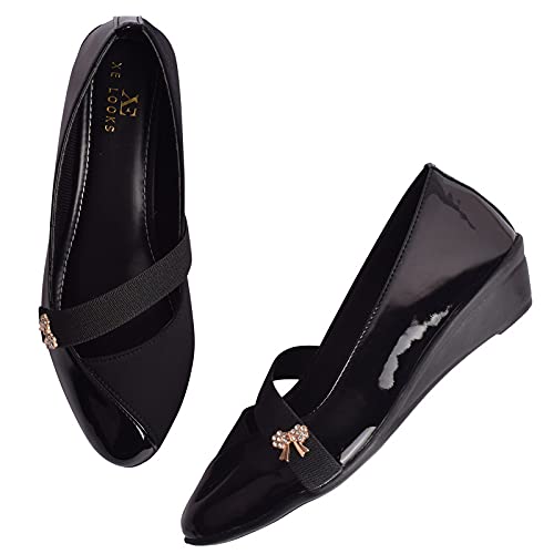 XE Looks Women's Black Wedge Bellies | Glossy Finish with Elastic Strap & Bow Charm | Cushioned Footbed for Comfort | Anti-Skid Lightweight Design Bellies for Girls & Women - Image 2