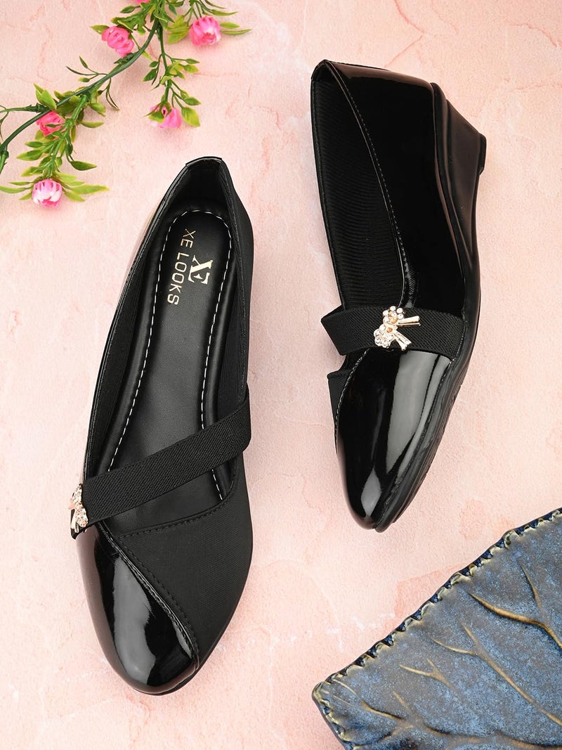 XE Looks Women's Black Wedge Bellies | Glossy Finish with Elastic Strap & Bow Charm | Cushioned Footbed for Comfort | Anti-Skid Lightweight Design Bellies for Girls & Women - Image 4