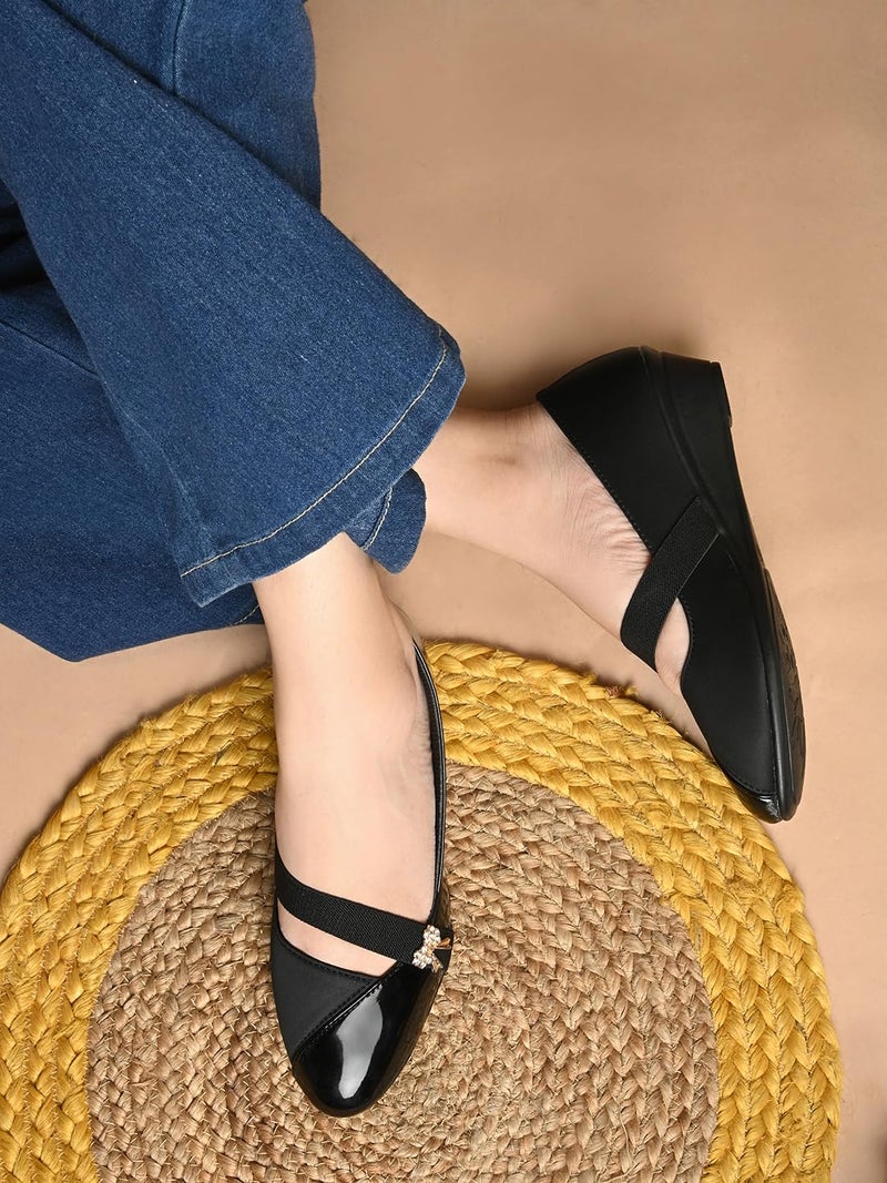 XE Looks Women's Black Wedge Bellies | Glossy Finish with Elastic Strap & Bow Charm | Cushioned Footbed for Comfort | Anti-Skid Lightweight Design Bellies for Girls & Women - Image 5