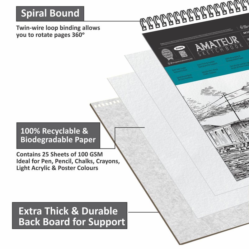 Anupam Anupam Amateur Sketch Book A4 25 Sheets 50 Pages 100GSM Durable Acid Free Drawing Book Top SpiralBound Sketchbook for Artists Kids for Marker Colored Pencil Charcoal Pastels Set of 3 - Image 3