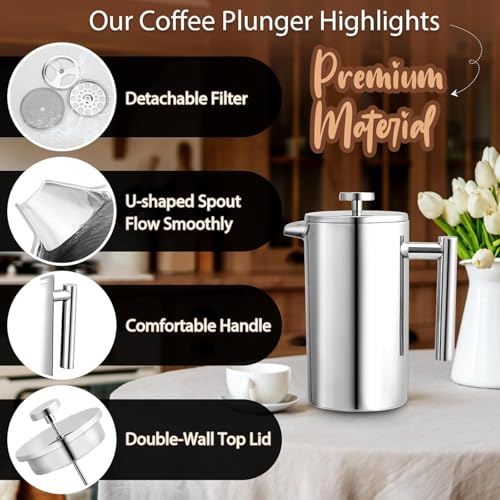 Miuly 21 oz Stainless Steel French Press 600ML Coffee Press with 3 Level Filtration System, Double Wall Insulated French Press with 2 Filters for Home or Office, Silver - Image 3