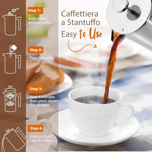 Miuly 21 oz Stainless Steel French Press 600ML Coffee Press with 3 Level Filtration System, Double Wall Insulated French Press with 2 Filters for Home or Office, Silver - Image 4
