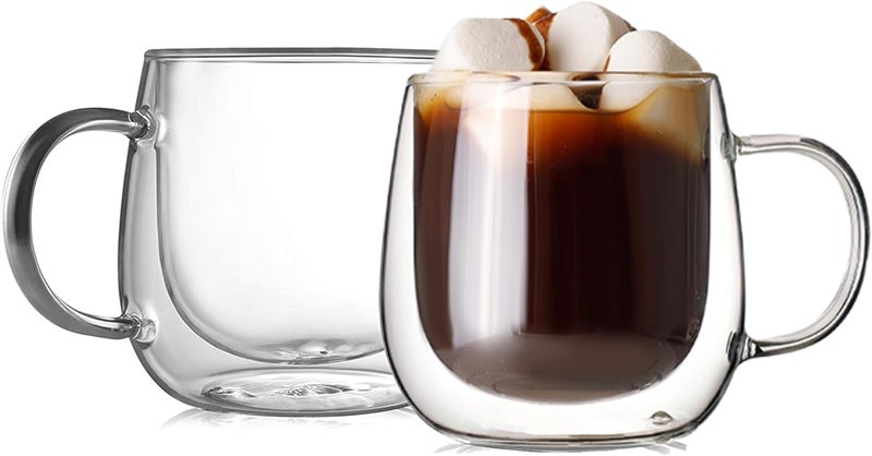 CnGlass 12oz Double Walled Glass Coffee Mugs(2-pack),Large Clear Coffee Cups with Handle,Glass Espresso Mugs for Latte,Cappuccino - Image 1