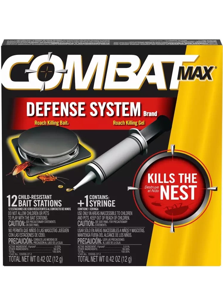 Combat Max Roach Killing Gel Syringe 12g + 12 Bait Stations Defense System, Fast Acting Cockroach Killer, Kills Nest & Colony, Indoor Pest Control for Kitchen Home Bathroom - Image 1