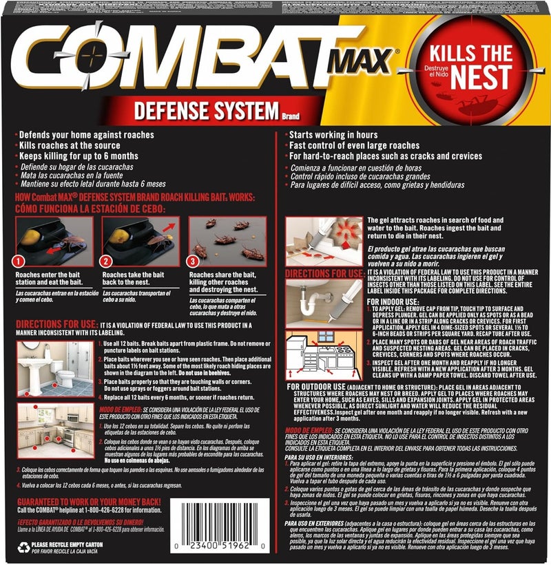 Combat Max Roach Killing Gel Syringe 12g + 12 Bait Stations Defense System, Fast Acting Cockroach Killer, Kills Nest & Colony, Indoor Pest Control for Kitchen Home Bathroom - Image 5