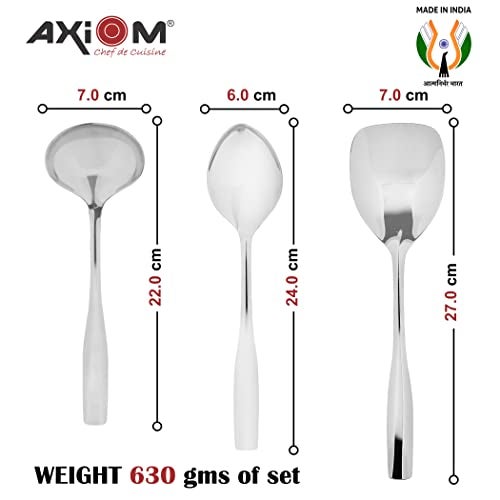 Axiom Serving Tools Stainless Steel 6 Piece Heavy Gauge Non-Stick Set of 2 Soup Ladle (Karchi), 2 Solid Spoon (Chamcha) and 2 Rice Spoon for Serving Soup/Curry/Dal/Rice/Pasta - 27 Cm - Image 5