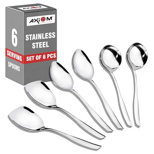 Axiom Serving Tools Stainless Steel 6 Piece Heavy Gauge Non-Stick Set of 2 Soup Ladle (Karchi), 2 Solid Spoon (Chamcha) and 2 Rice Spoon for Serving Soup/Curry/Dal/Rice/Pasta - 27 Cm - Image 1