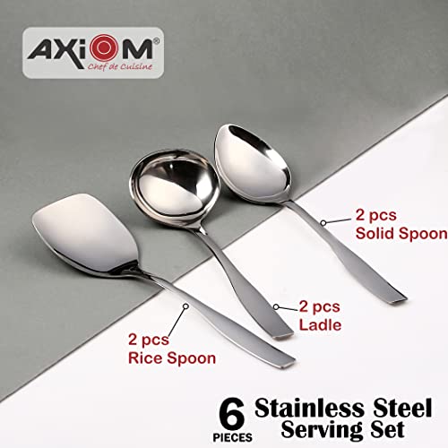 Axiom Serving Tools Stainless Steel 6 Piece Heavy Gauge Non-Stick Set of 2 Soup Ladle (Karchi), 2 Solid Spoon (Chamcha) and 2 Rice Spoon for Serving Soup/Curry/Dal/Rice/Pasta - 27 Cm - Image 2
