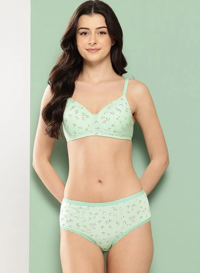 Leading Lady Green Printed Lightly Padded Non Wired Bra and Brief Set