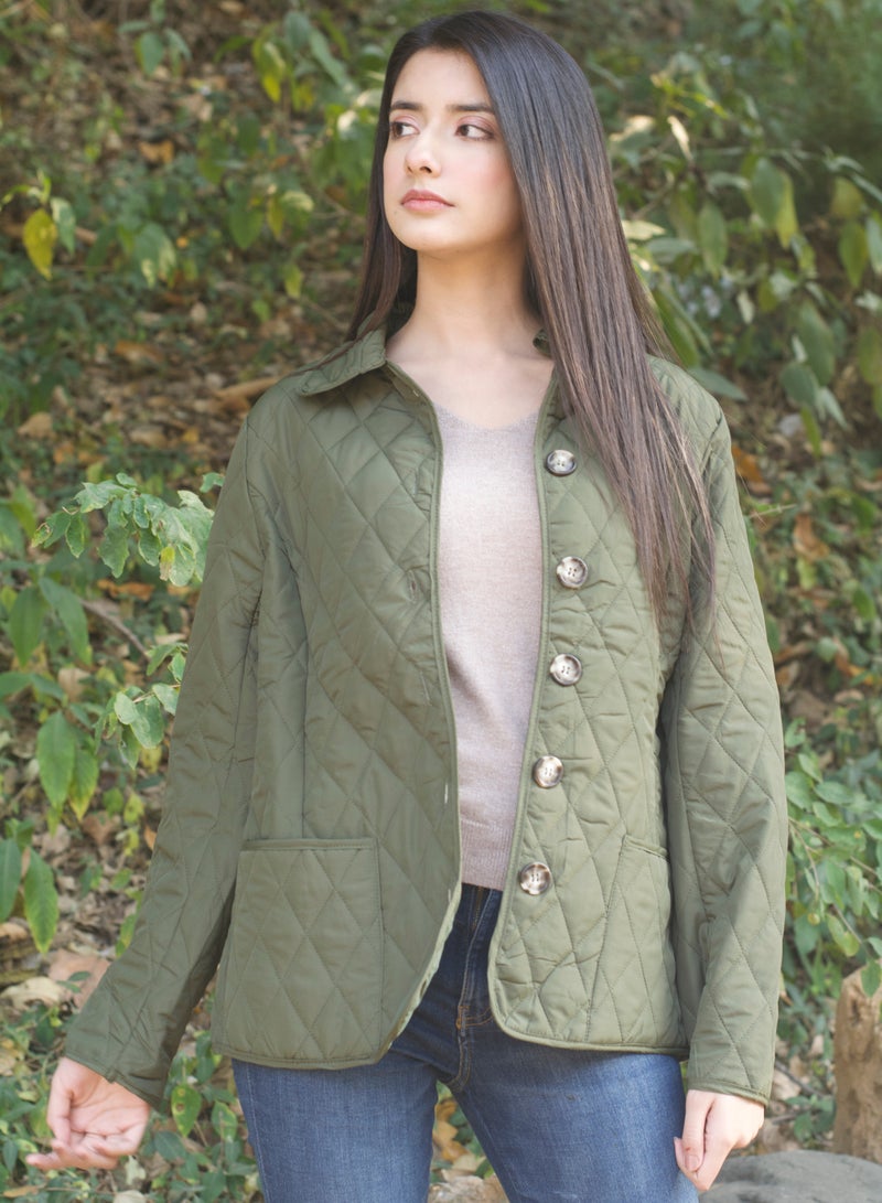 P FOR PRETTY Army Green Mid Length Padded Jacket - Image 1