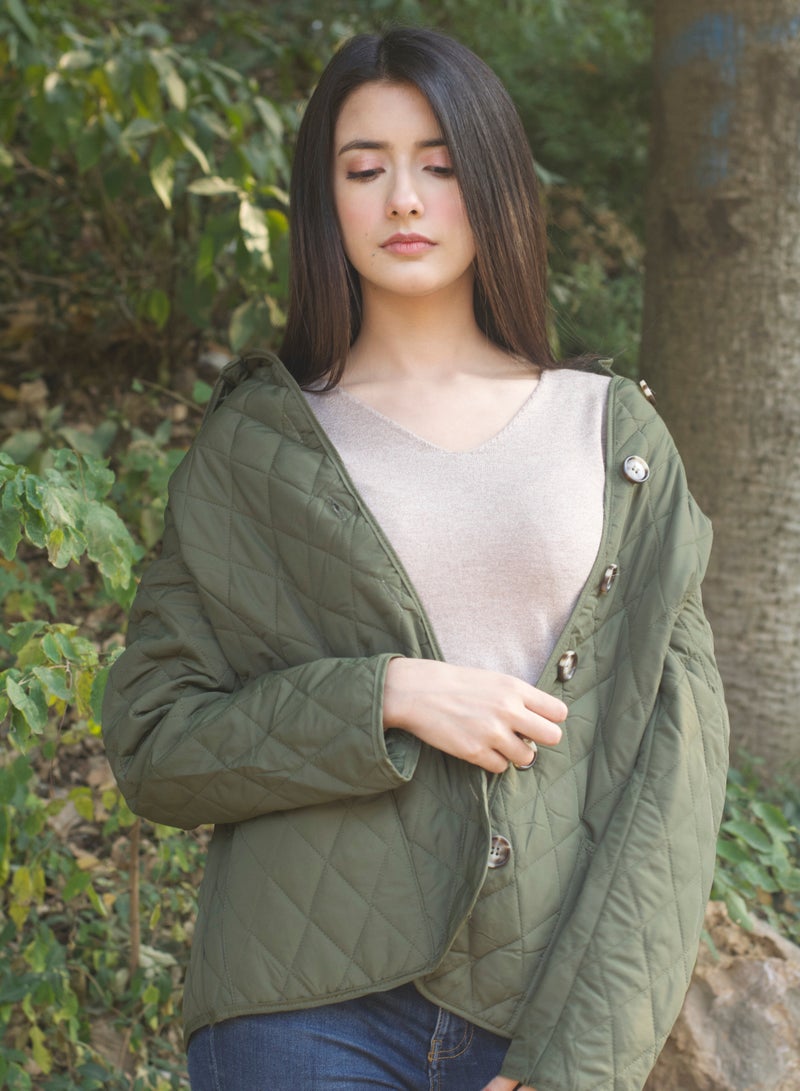 P FOR PRETTY Army Green Mid Length Padded Jacket - Image 3