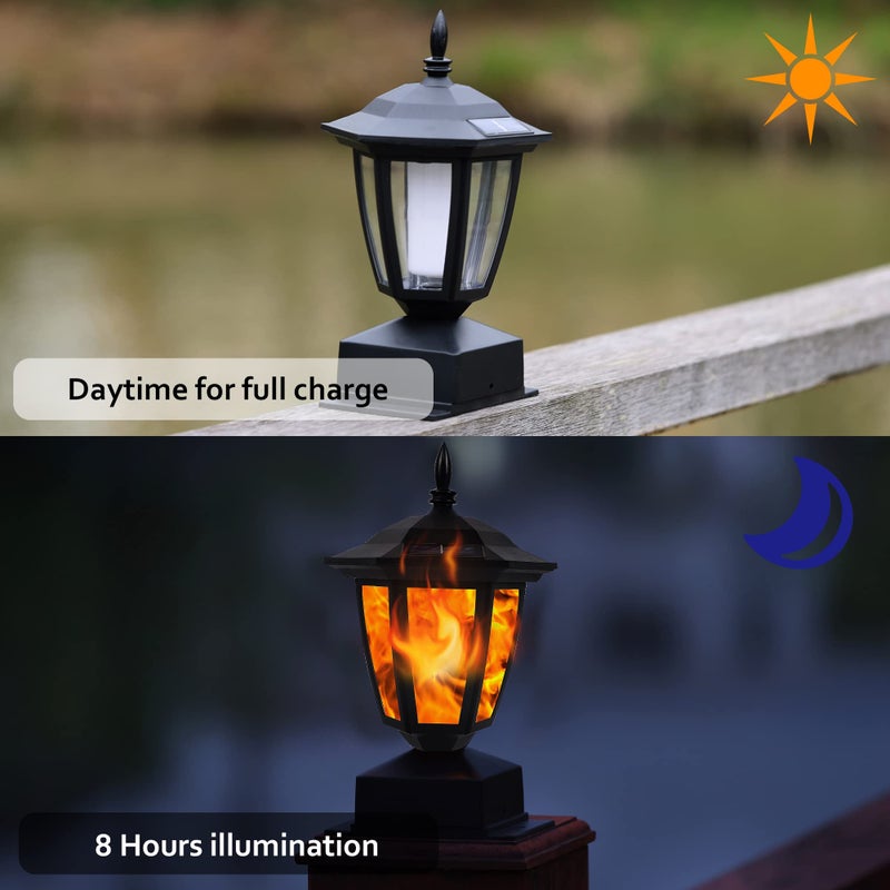 Dynaming Solar Flame Post Lights Outdoor, Solar Powered Lamps Fence Post Cap Lights, Flickering Flame LED Lantern Decorative Waterproof for Garden Deck Patio, Fit 4x4, 5x5 or 6x6 Wooden Posts, 4 Pack - Image 3