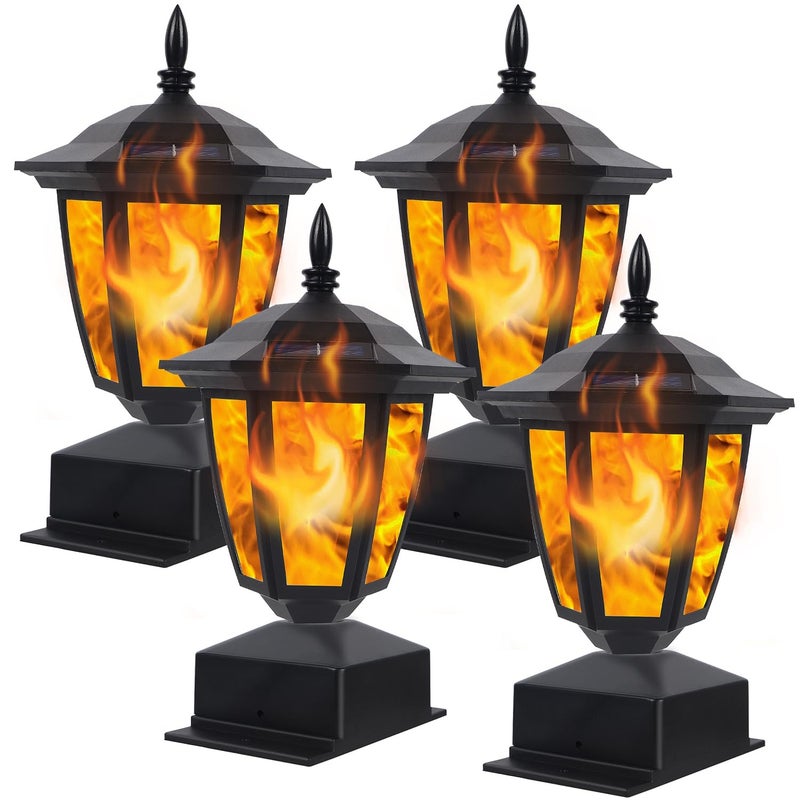 Dynaming Solar Flame Post Lights Outdoor, Solar Powered Lamps Fence Post Cap Lights, Flickering Flame LED Lantern Decorative Waterproof for Garden Deck Patio, Fit 4x4, 5x5 or 6x6 Wooden Posts, 4 Pack - Image 1