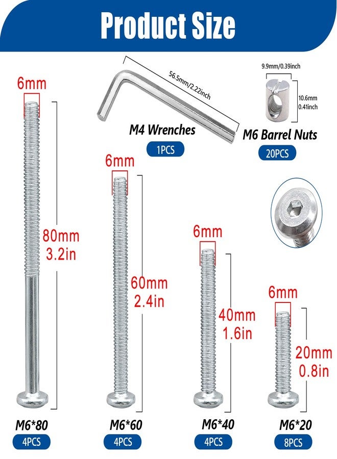 Taiss 20 Set Crib Screws M6X20Mm/40Mm/60Mm/80Mm Baby Crib Hardware Replacement Kit, Bunk Bed Screws Hex Socket Bolts Bolts With Nuts - Image 2