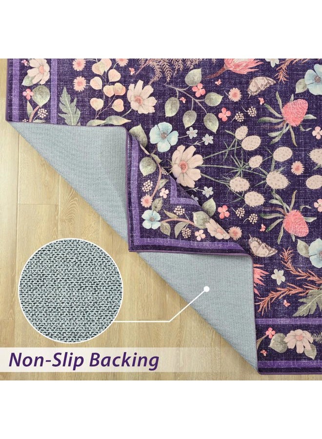 Przemy Area Rugs for Living Room, 4x6 Washable Rug Floral for Kid's Bedroom, Non Slip Rustic Carpet for Office Bedside Entryway Kitchen, Purple - Image 2