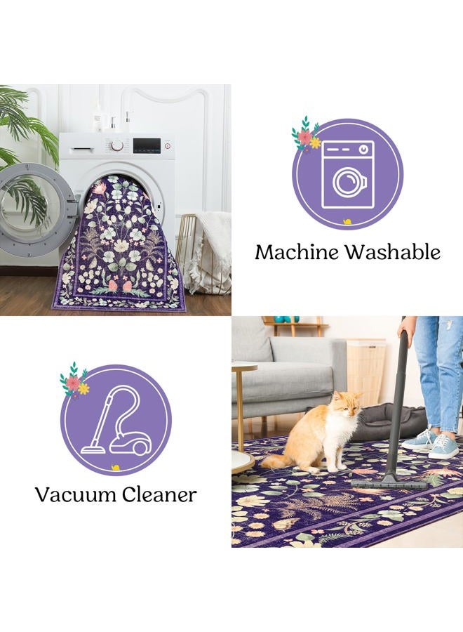 Przemy Area Rugs for Living Room, 4x6 Washable Rug Floral for Kid's Bedroom, Non Slip Rustic Carpet for Office Bedside Entryway Kitchen, Purple - Image 3