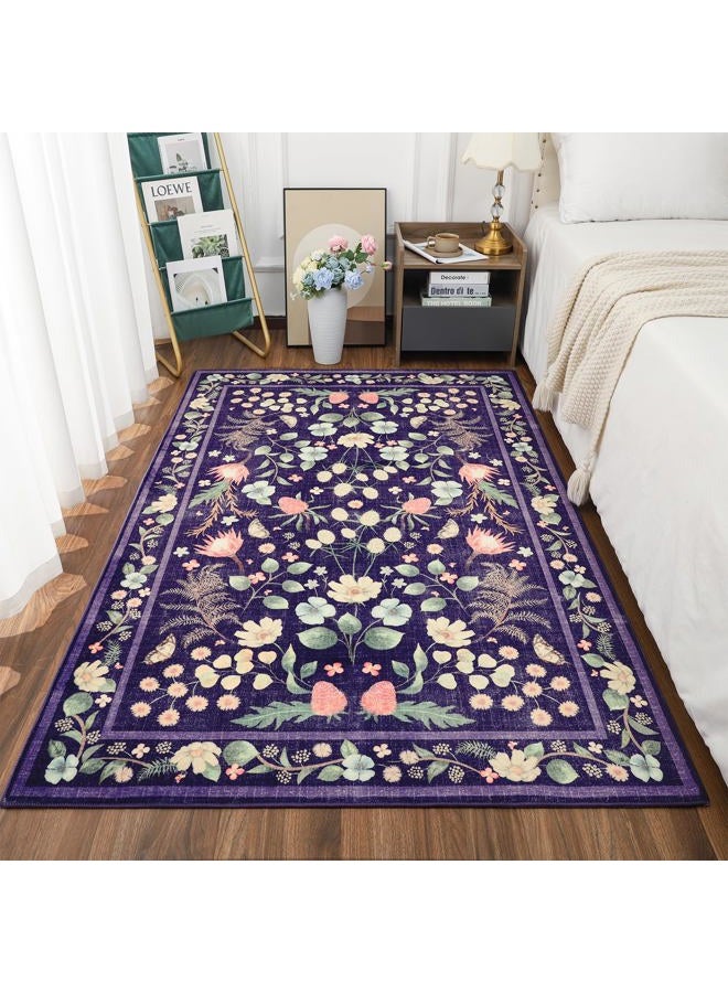 Przemy Area Rugs for Living Room, 4x6 Washable Rug Floral for Kid's Bedroom, Non Slip Rustic Carpet for Office Bedside Entryway Kitchen, Purple - Image 1