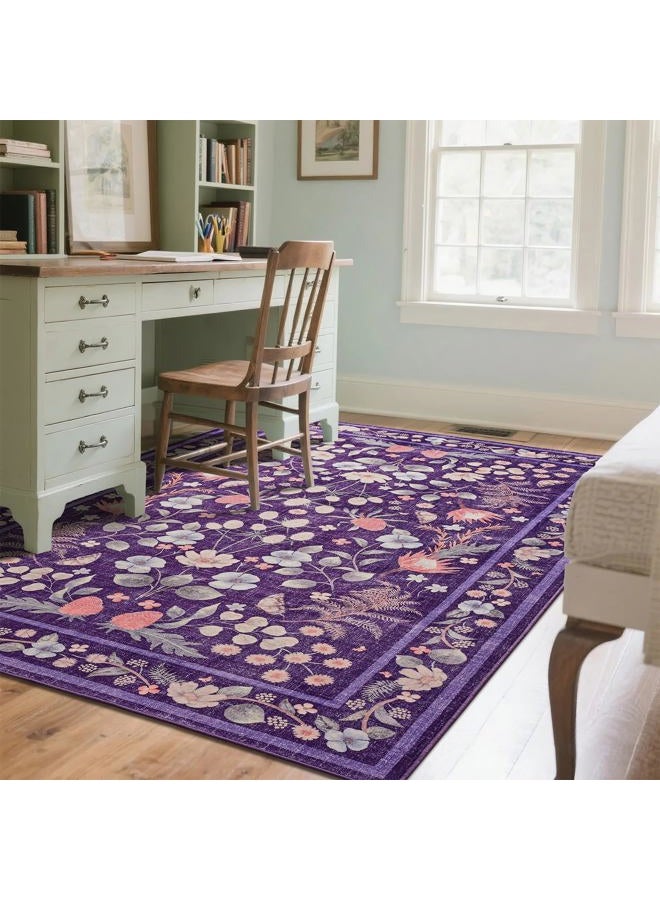 Przemy Area Rugs for Living Room, 4x6 Washable Rug Floral for Kid's Bedroom, Non Slip Rustic Carpet for Office Bedside Entryway Kitchen, Purple - Image 4