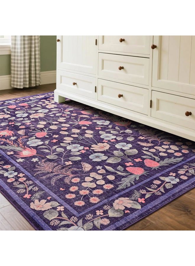 Przemy Area Rugs for Living Room, 4x6 Washable Rug Floral for Kid's Bedroom, Non Slip Rustic Carpet for Office Bedside Entryway Kitchen, Purple - Image 5