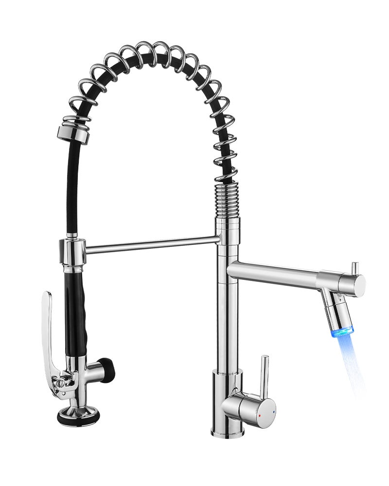 Fapully Kitchen Faucet with Pull Down SprayerCommercial Single Handle Kitchen Sink Faucet with LED Light Chrome