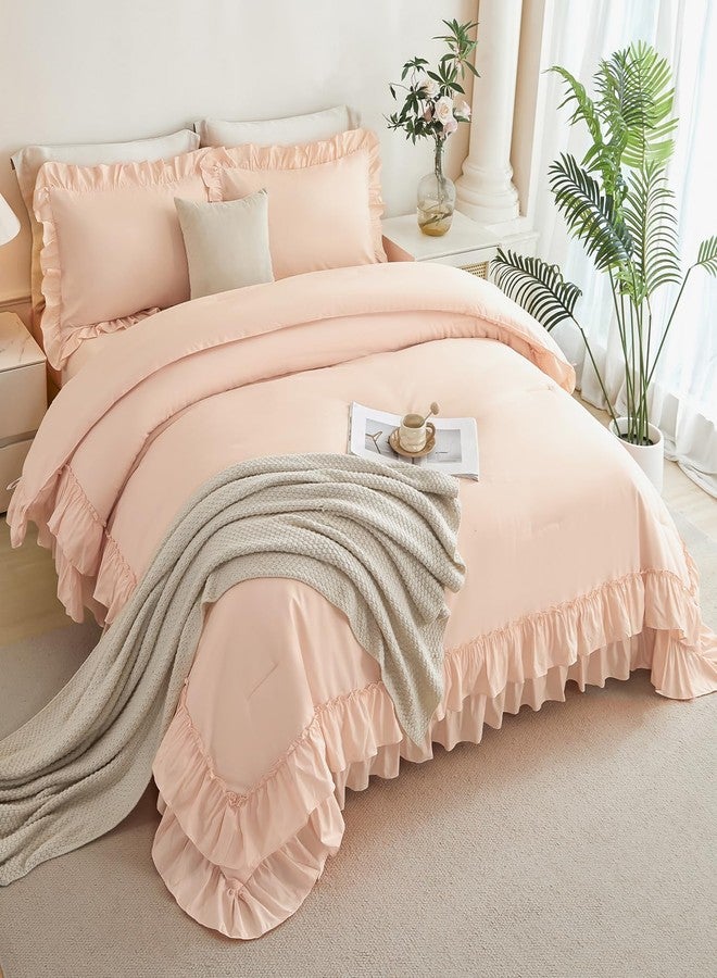 ANGIYUIN Blush Pink Girls Twin Comforter Set 5Pcs Double-Layer Ruffled Bed in A Bag Solid Color Farmhouse Bedding Comforter Set with Sheets(Blush Pink Twin) - Image 2