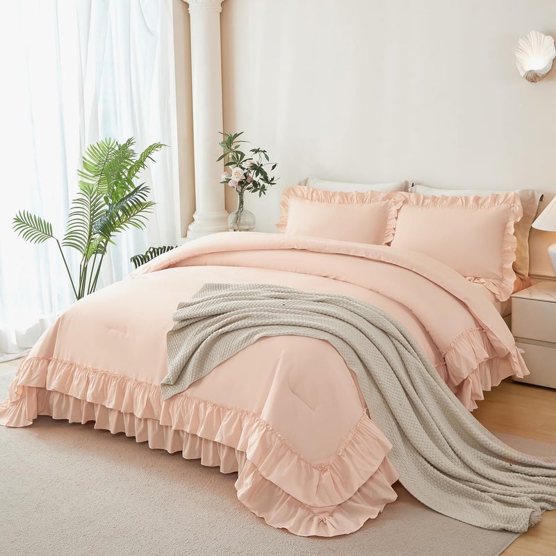 ANGIYUIN Blush Pink Girls Twin Comforter Set 5Pcs Double-Layer Ruffled Bed in A Bag Solid Color Farmhouse Bedding Comforter Set with Sheets(Blush Pink Twin) - Image 1