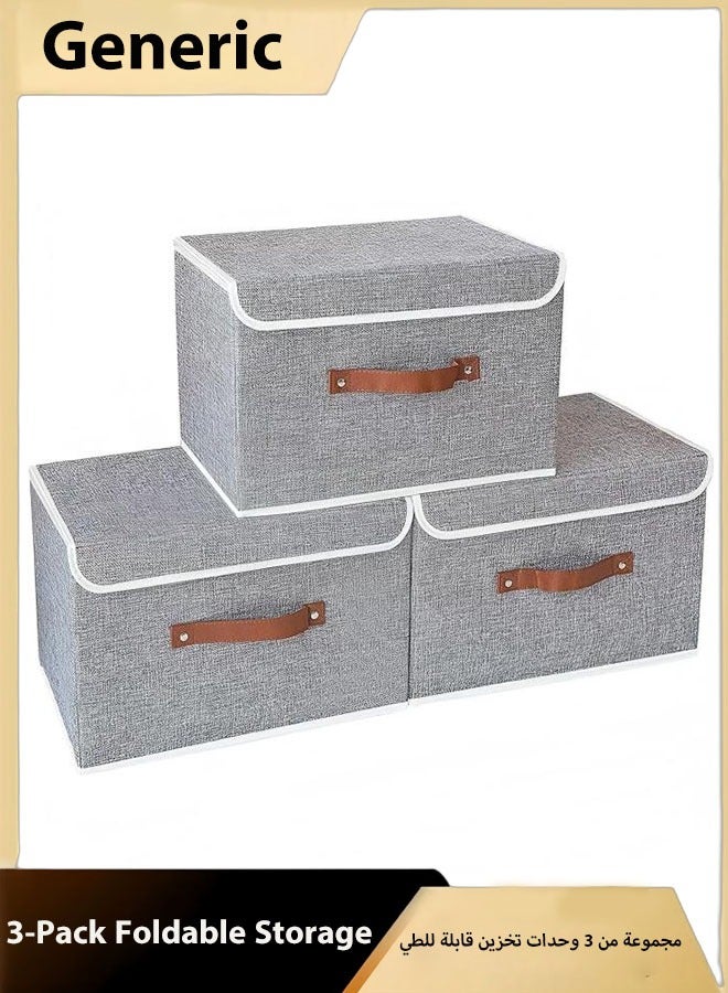 3 Pack Foldable Storage Bins with Lids Collapsible Storage Box with Handle, for Organizing Clothes, Toys, Office, 38x25x25cm, Grey  - Image 1
