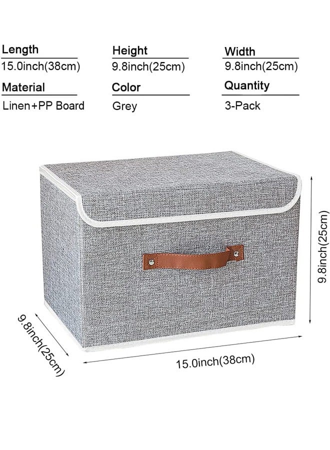 3 Pack Foldable Storage Bins with Lids Collapsible Storage Box with Handle, for Organizing Clothes, Toys, Office, 38x25x25cm, Grey  - Image 2