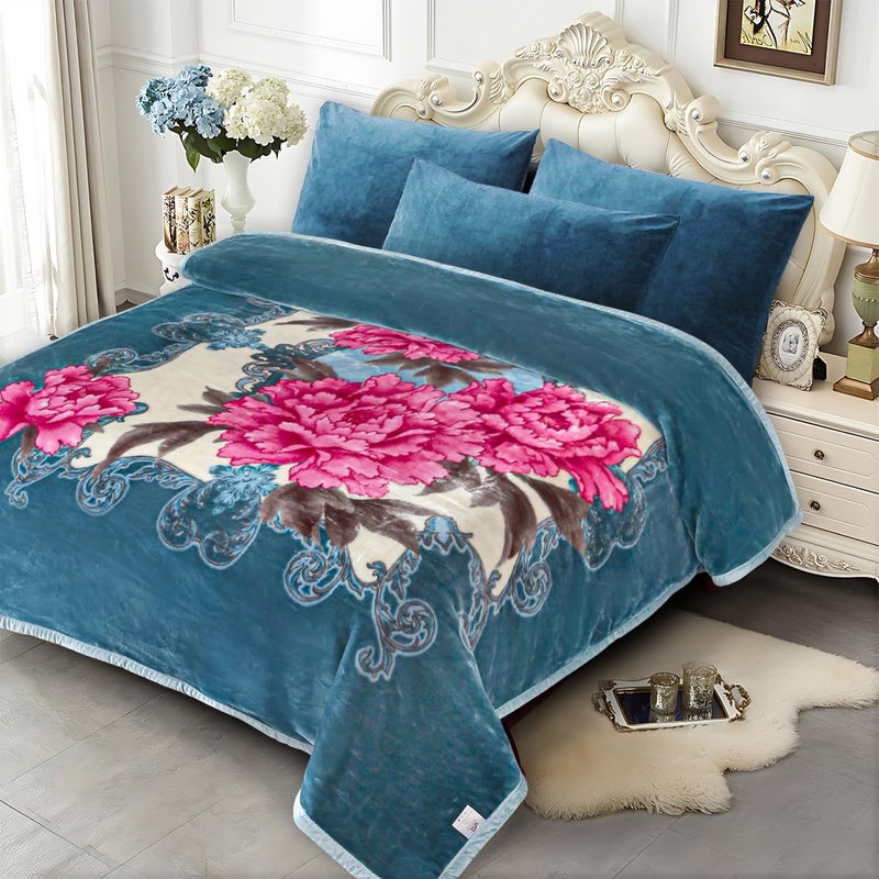 JYK Korean Mink Fleece Flannel Blanket Queen Size 75" x 87", 5 Pounds - 2 Ply Reversible Silky Soft Plush Warm, Comfy Blanket for Autumn, Winter - Blue/Peony - Image 2