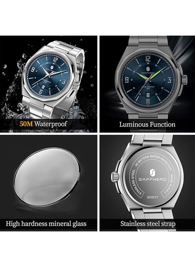 Sapphero Watches for Men Arabic Numeral Dial Quartz Wristwatch 50M Waterproof Luminous Watches Mens Watch Work Sport Casual Dress Watch with Stainless Steel Strap Elegant Gifts for Men - Image 5